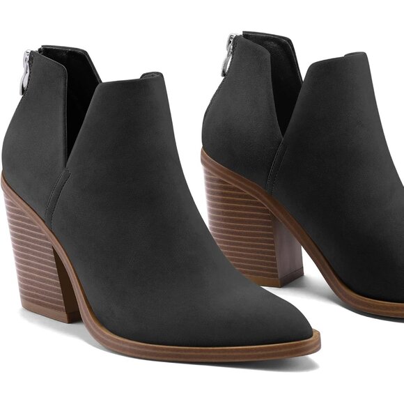 Mysoft Women's Black Nubuck Pu Chunky Mid Heel Slip on Toe Stacked Ankle Boots - Picture 2 of 7